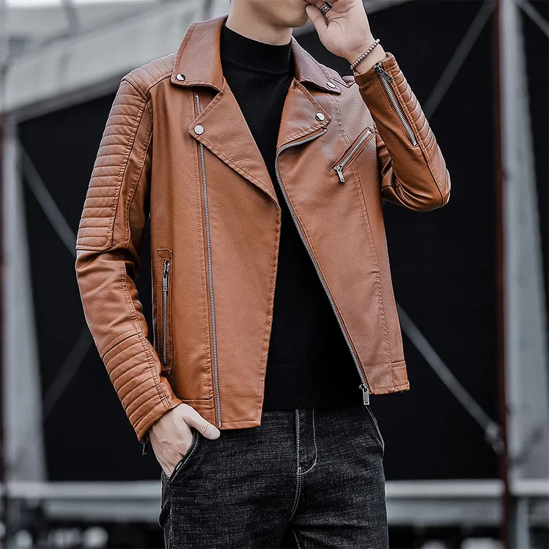 

New Male Business Casual Pu Leather Jackets Autumn Mens Leather Jacket Solid Color Korean Fashion Youth Zipper Motorcycle Coat