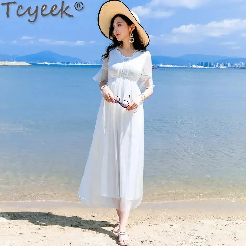 100% Tcyeek Mulberry Real es per le donne 2024 New Slim Long White Female Bohemia Holiday Tourism Beach Dress Vestidos