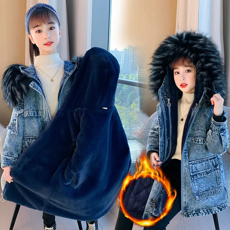 Childrens Winter Removable Pie Overcoming suit Girls fleece-lined thickened denim jacket kids Thick velvet outerwear Parkas