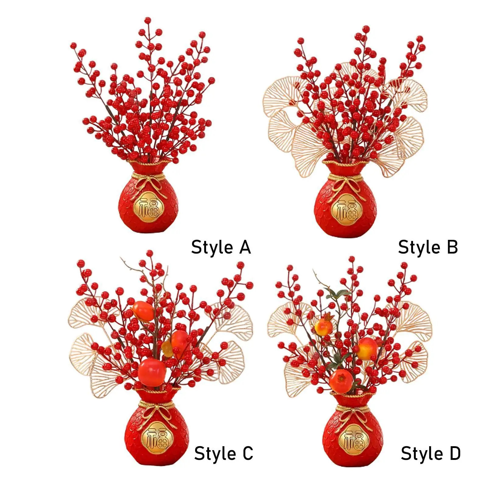 Chinesische Neujahrsdekoration, gefälschte Blumen, Segen, Eimer, Desktop-Ornament, künstliche rote Beerenzweige für Zuhause, Schreibtisch, Geburtstag