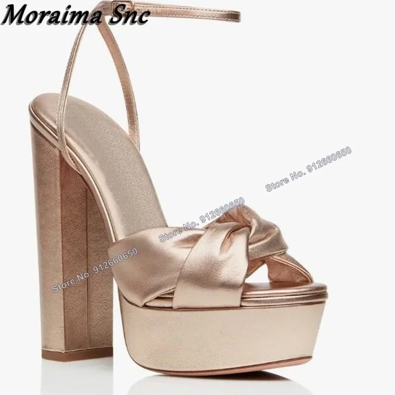 

Moraima Snc Gold Bow Knot Platform Sandals Black Peep Toe Chunky Heel Ankle Buckle Sandals High Heels Sexy Wedding Shoes on Heel