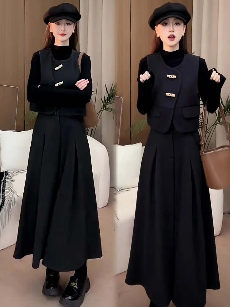 Modny koreański dwuczęściowy zestaw damski na jesień i zimę: spodnie z wysokim stanem i szerokimi nogawkami oraz kamizelka, oddychający strój na co dzień.