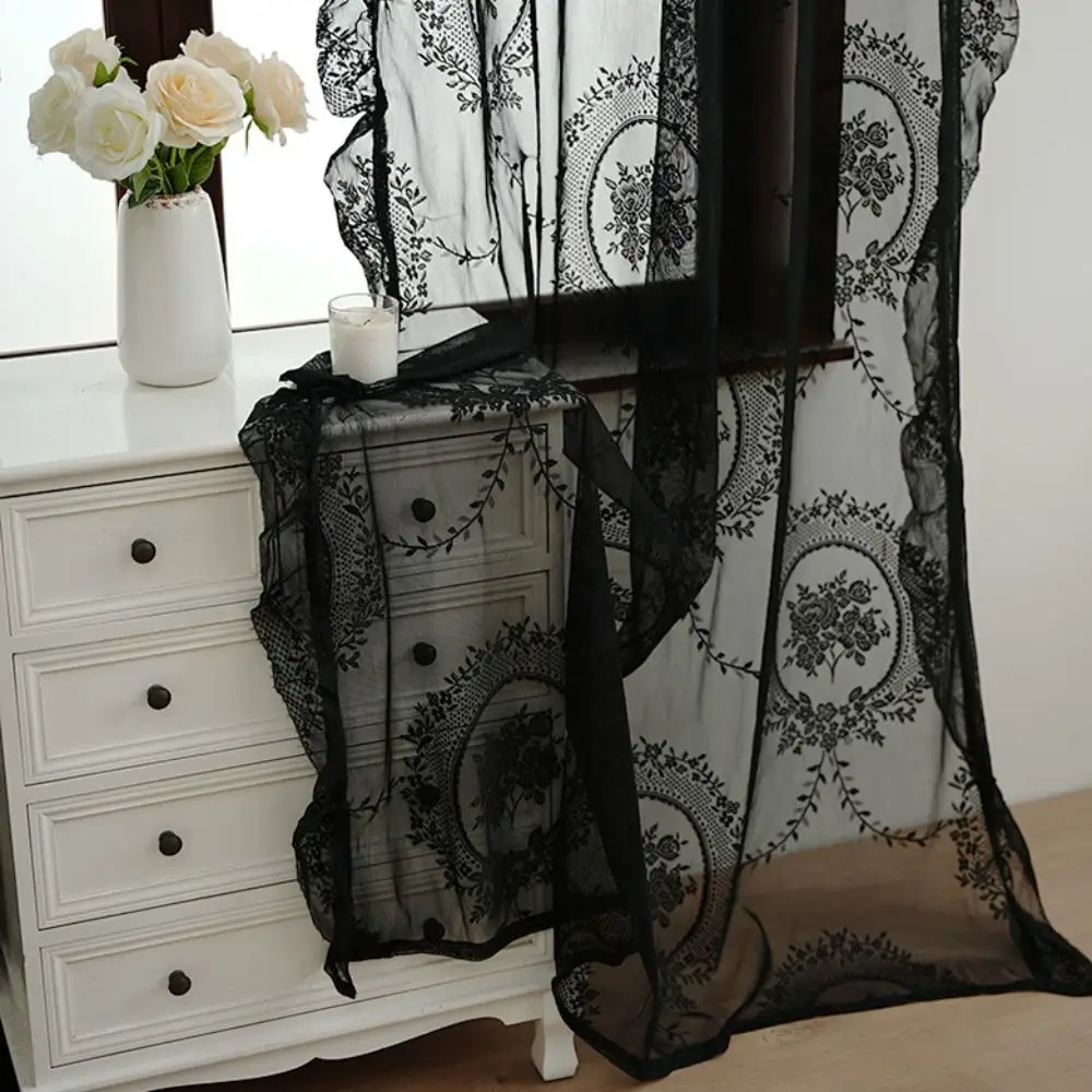 

2 Pcs Elegant Ruffled Edge French Lace Floral Curtain Rustic Retro Gauze Curtain Embroidered Lace Sheer Curtain Bedroom