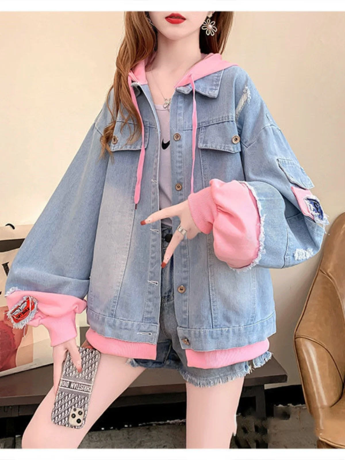 Retro Denim ort Jaet Women's Spring Autumn New Loose Casual Hooded Coat High Street Sle Long Sve Button Closure