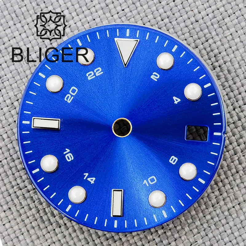 BLIGER 29mm Watch Dial Black White Blue Black Silver Edge Time Mark Green/Blue Luminous Dial Fit NH34 NH35 Movement Date Window