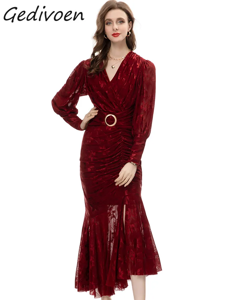 

Gedivoen Autumn Fashion Designer Wine Red Vintage Mermaid Dress Women's V Neck O Ring Ruffles Package Buttocks Slim Long Dress