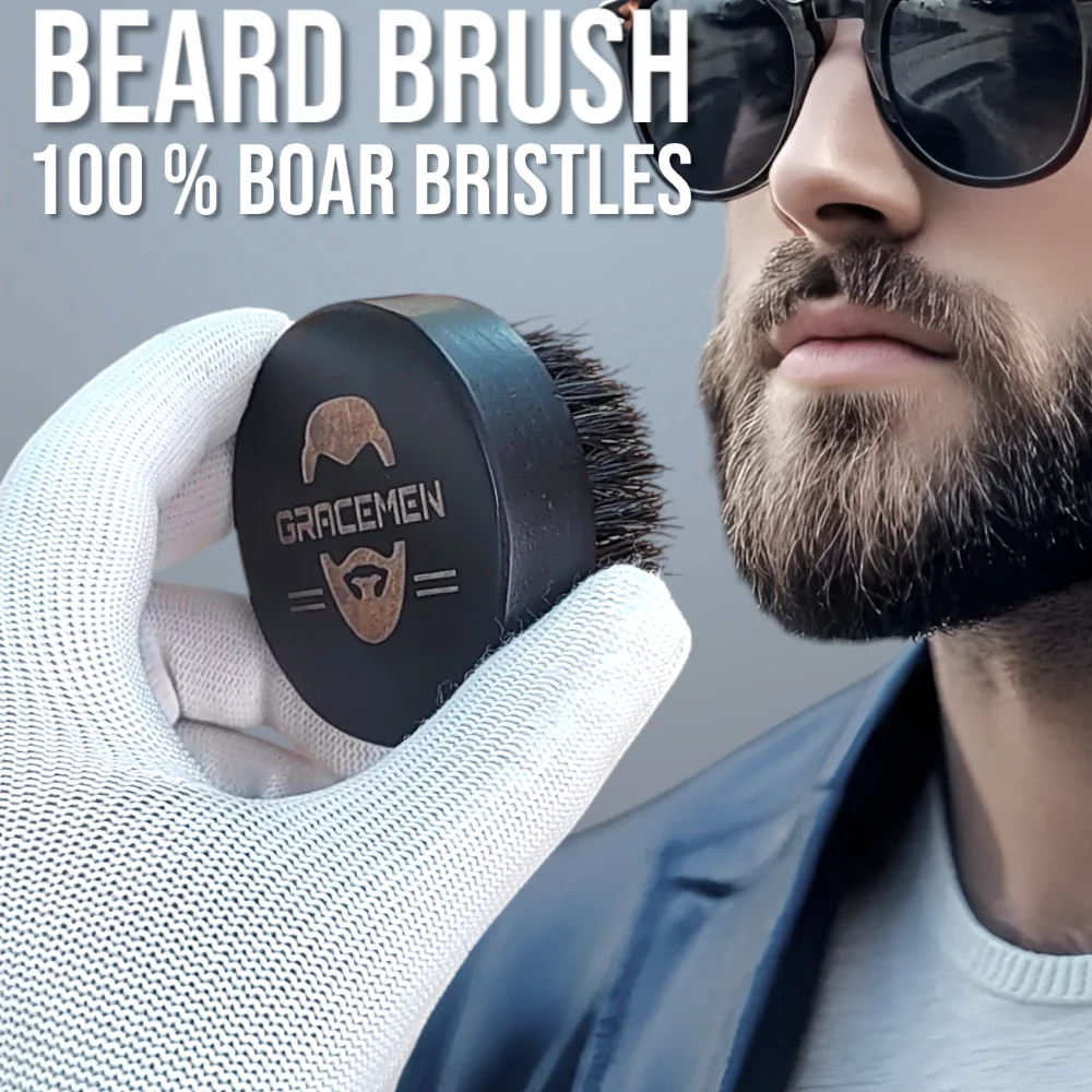 

Gracemen Black Beard Brush Grooming Facial Brush for Men - 100% Boar Bristle and Round Wooden Handle Men's Hair Brushes