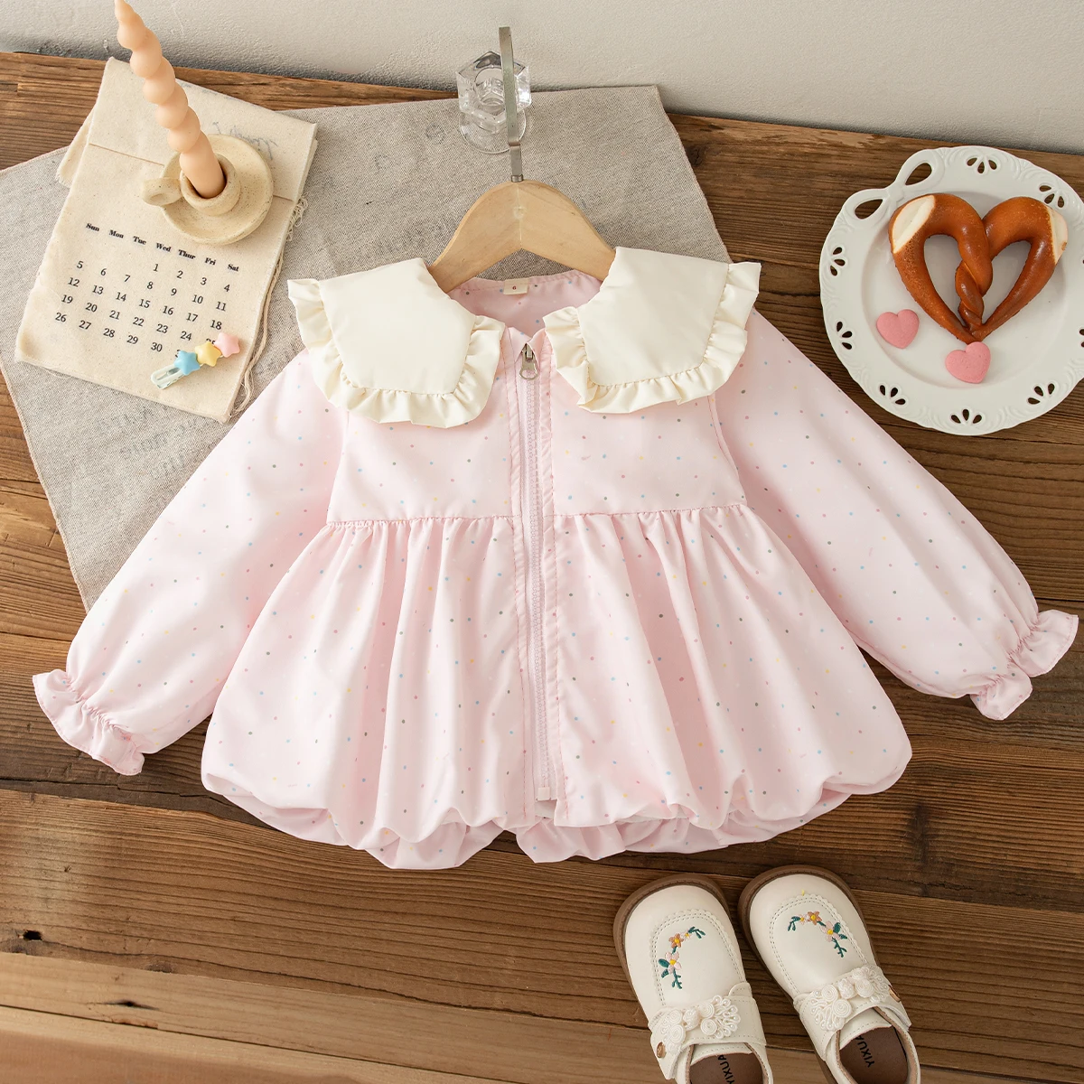 Baby Girl's Coat Spring And Autumn Polka Dot Cute Cotton Girl's Coat Flip Over Sweet Baby Jacket Baby Girl Clothes