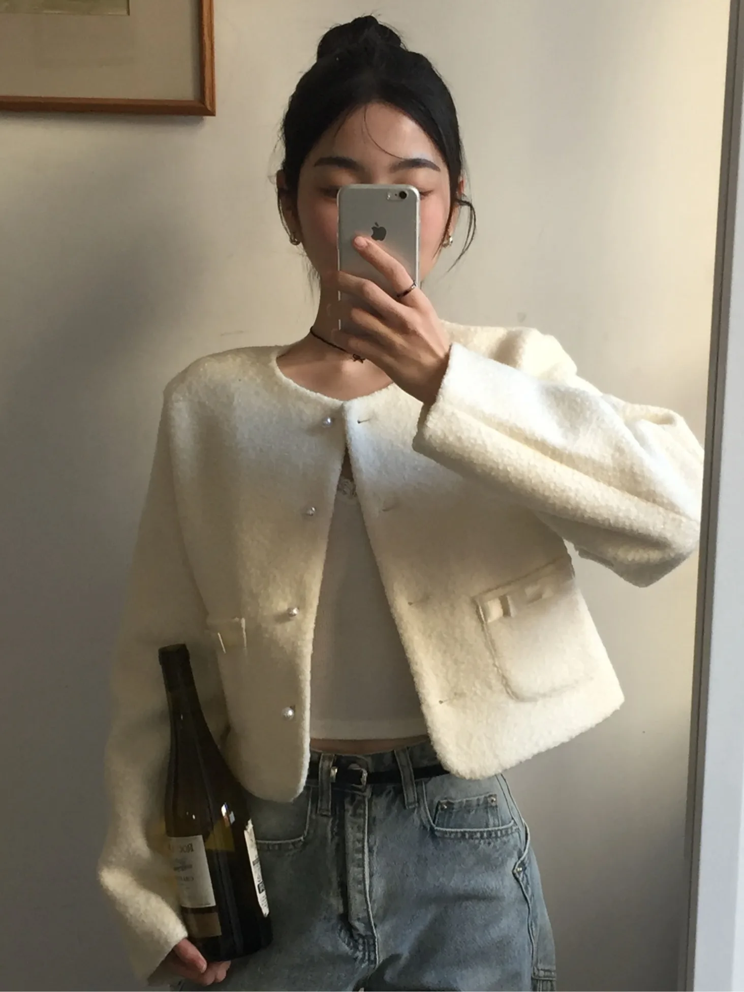

Ele ort Pearl Buttoned Knot Decorated Design Sensation Women's Outerwear Chic Small Fraance Sle Top
