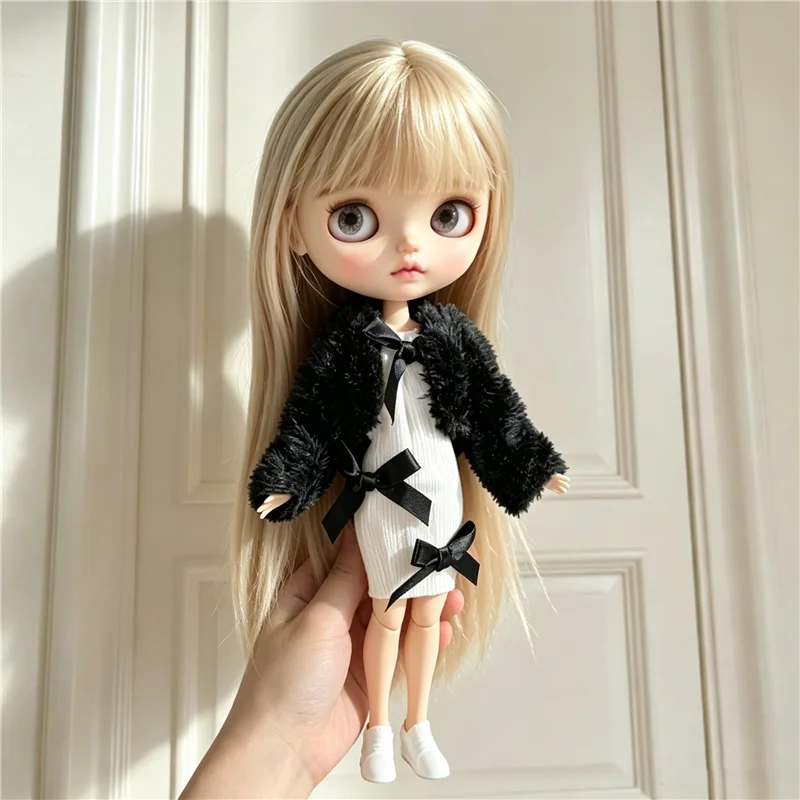 For Blythe Doll Outfit Clothes Sweet Princess Bowknot Skirt Business Suit Plush Checkered Coat Clothes For Barbies small 1/6