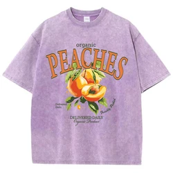 Casual Woman Acid Wash T-Shirts Fresh Peaches Delivered Daily Prints Tops Distressed Crewneck Oversize Cotton Tees Trend Clothes