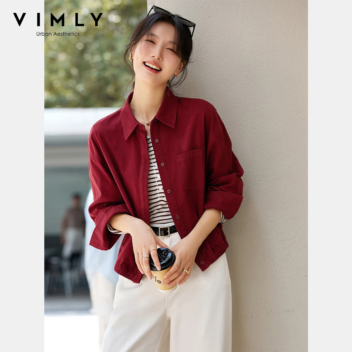 VIMLY Women's Autumn Red Jackets Long Sleeve Woman Fashion 2025 New Ruched Ladies Tops Button Turn-down Female Short Coats A2137