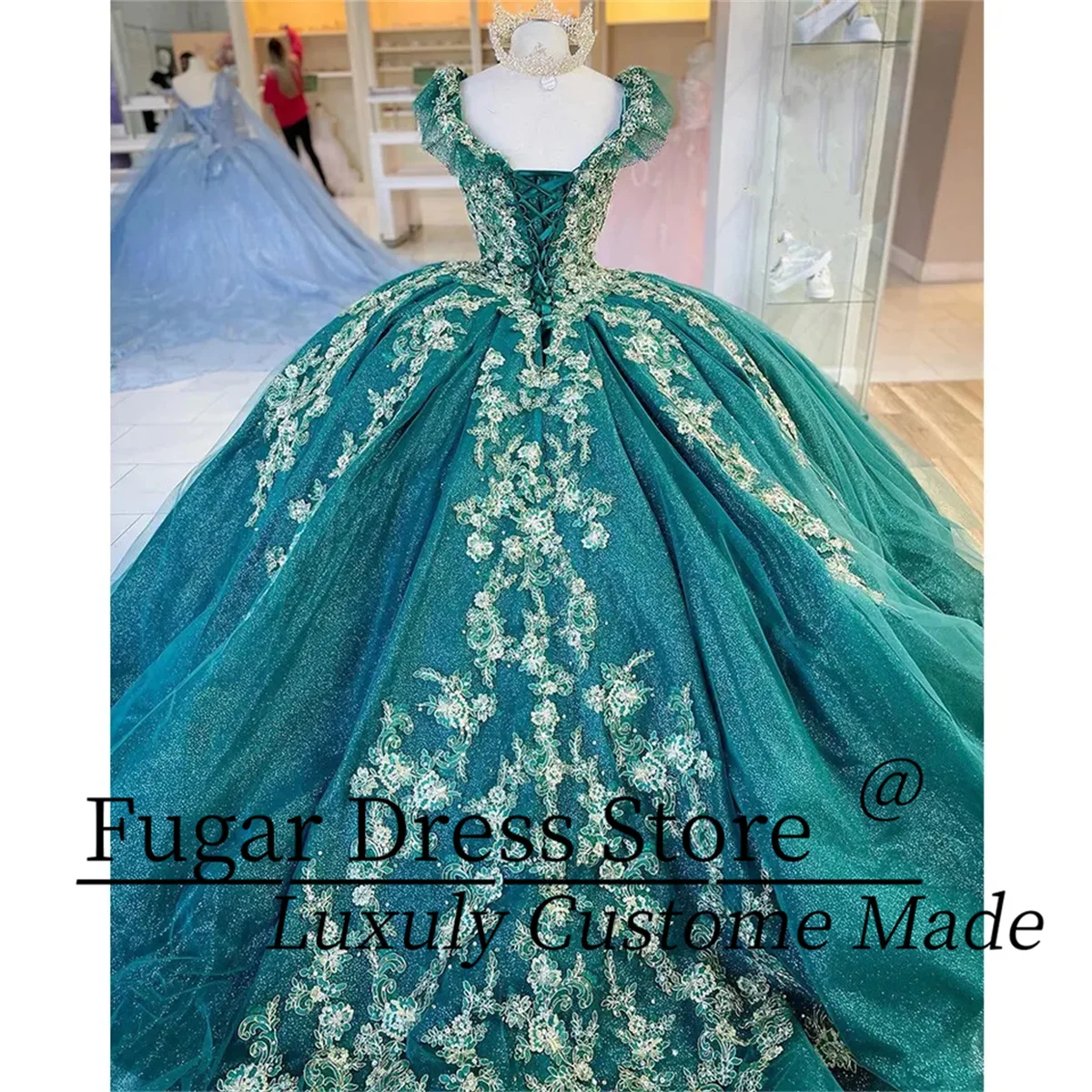 High-end Emerald Green Red Quinceanera Dresses Prom Party Off Shoulder Luxuly Shiny Gold Lace Sweet 16 Dress Party Wear