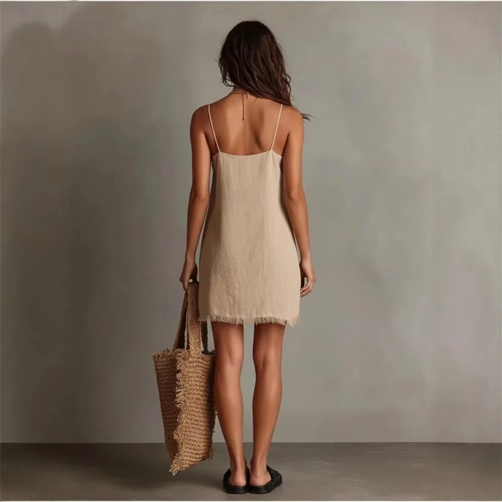 Easy Match V-Neck Mini Dress Sleeveless Spaghetti Straps Casual Dress Mini Length Loose Fit Summer Dress Summer Outings