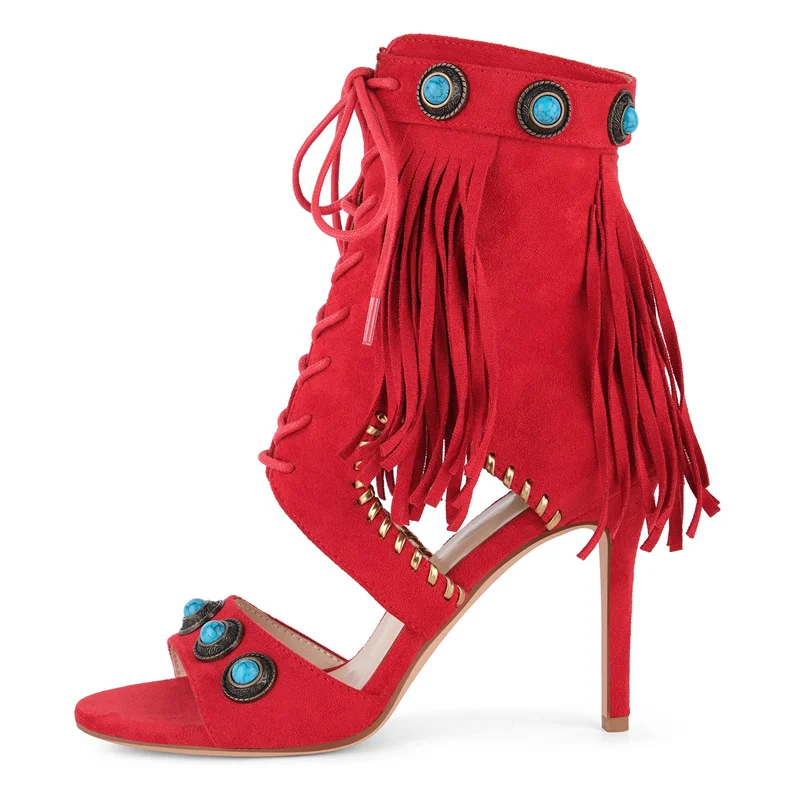

Onlymaker Women Fringe Open Toe Ankle Boots Sandals Tassel Rivet High Stiletto Heel Studded Ankle Summer Sandals