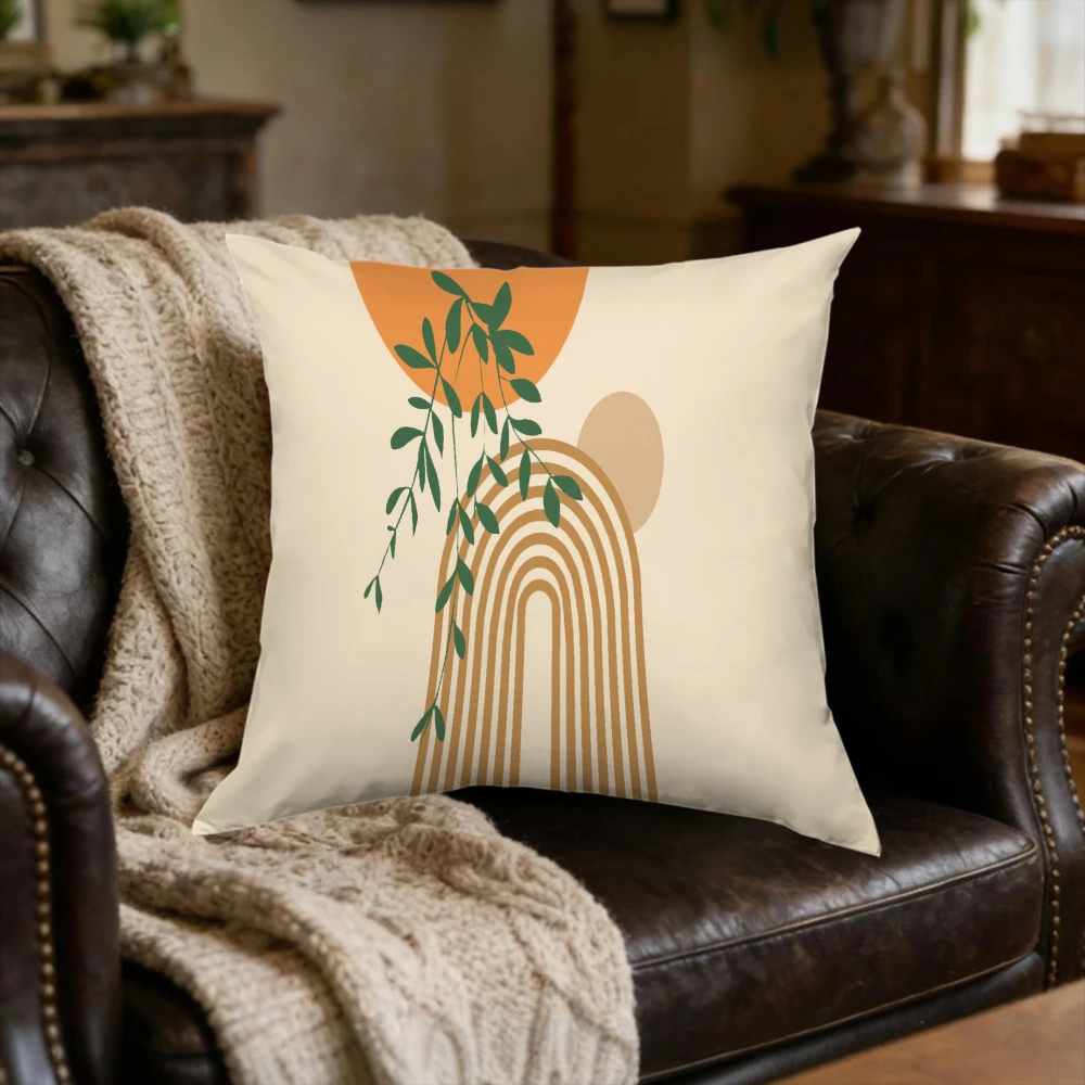 1Pc Modern Abstract Arch Leaf Print Cushion Cover Beige Orange Green Botanical Sofa Bedroom Home Decor Soft Breathable