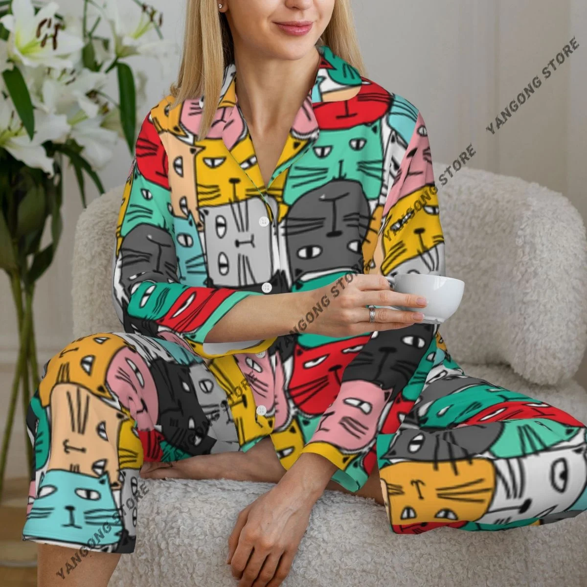 

Spring and Autumn Pajama Set Women's Long Sleeve Pants Two Piece Colorful Cats Home Furnishing Set