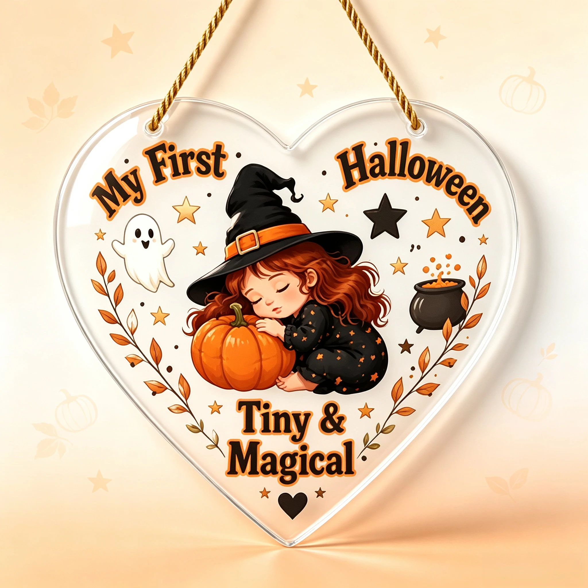 Whimsical Newborn Witch Halloween Hanging Plaque, Keepsake Holiday Gift,Baby‑First‑Halloween Clear Acrylic Heart Wall Plaque