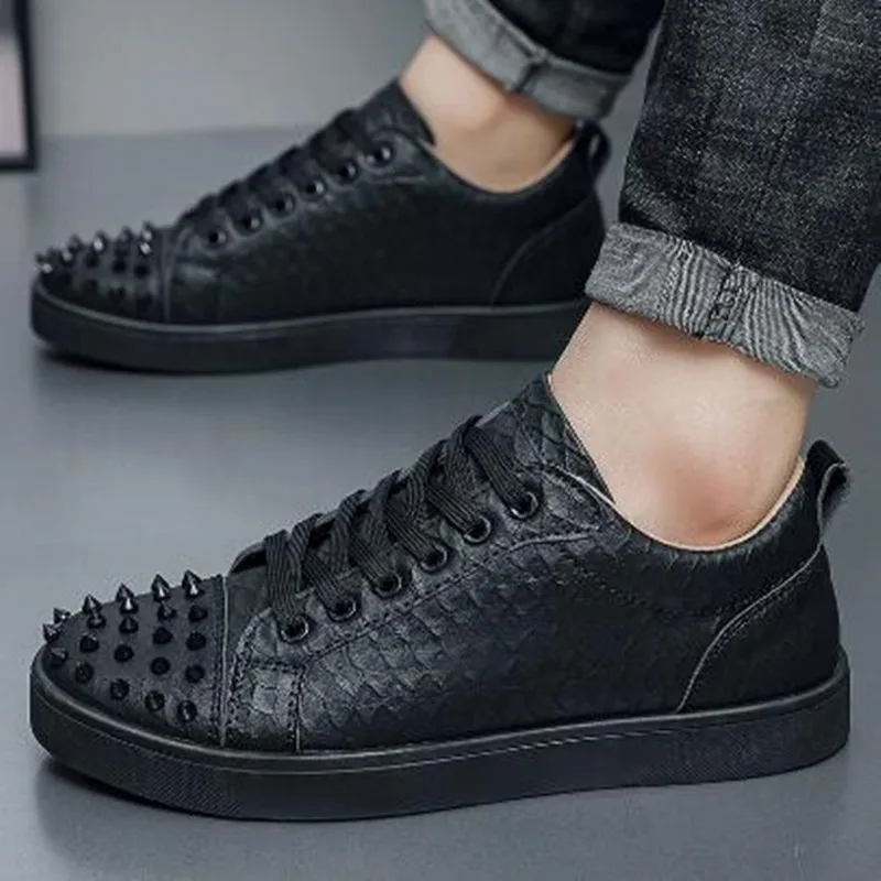 Fashion Men Casual Leather Shoes Comfortable Soft Punk Style New Board Shoes Nail Anti Slip Wear Resistant Personalized Sneakers