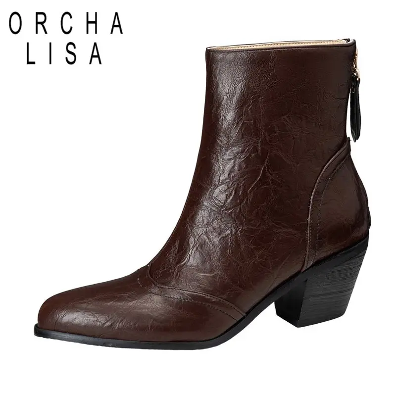 

ORCHA LISA 2025 Classic Female Ankle Boots Pointed Toe Chunky Heels 6cm Zipper Big Size 44 45 46 Leisure Daily Bota Brown Black