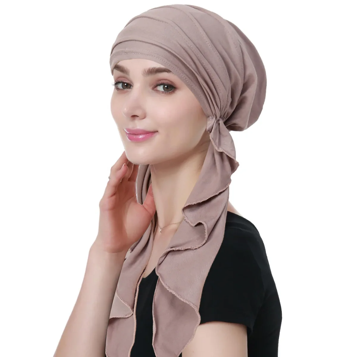 2024 New Solid Color Crinkle Women\'s Hijab Muslim Ladies Turban Bonnet Long Tail Head Wrap Head Scarf Indian Hats