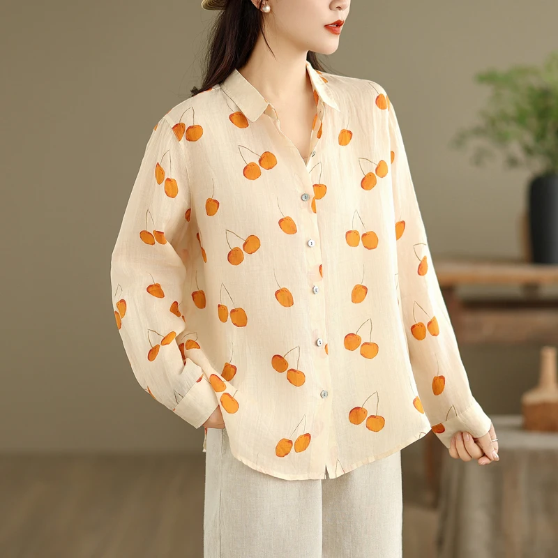 ربيع الخريف القطن الخالص المطبوعة خفيفة الوزن طويلة Sve فضفاضة irt Quali سترة مفتوحة Fre Airy Sle للتنقل