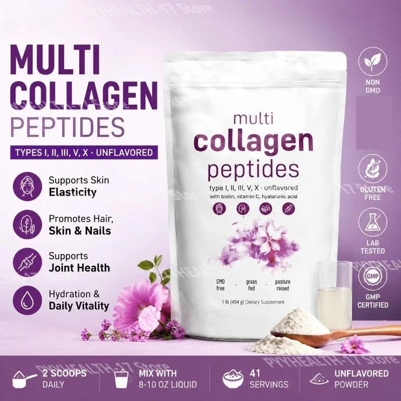 Multi Collagen Peptides Powder Types I II III V with Biotin Vitamin C & Hyaluronic Acid Supports Skin Hair Nails for Men Women