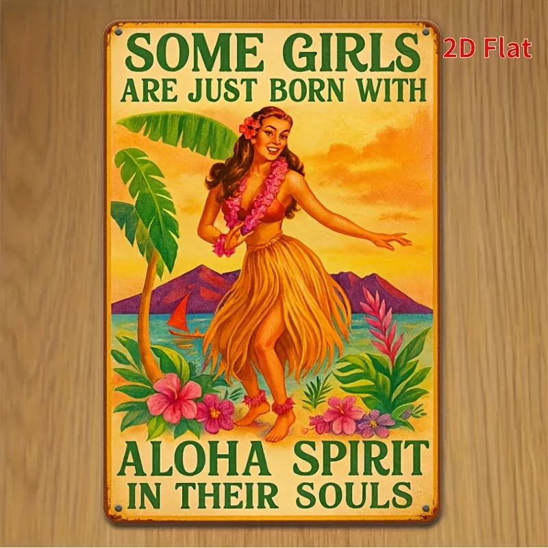 2D Platt,  Vintage Aloha Spirit/ Tennskylt för Kvinnor Hawaiiansk Tjej Grafisk  Strandälskare Present Väggkonst Nött Metallskylt