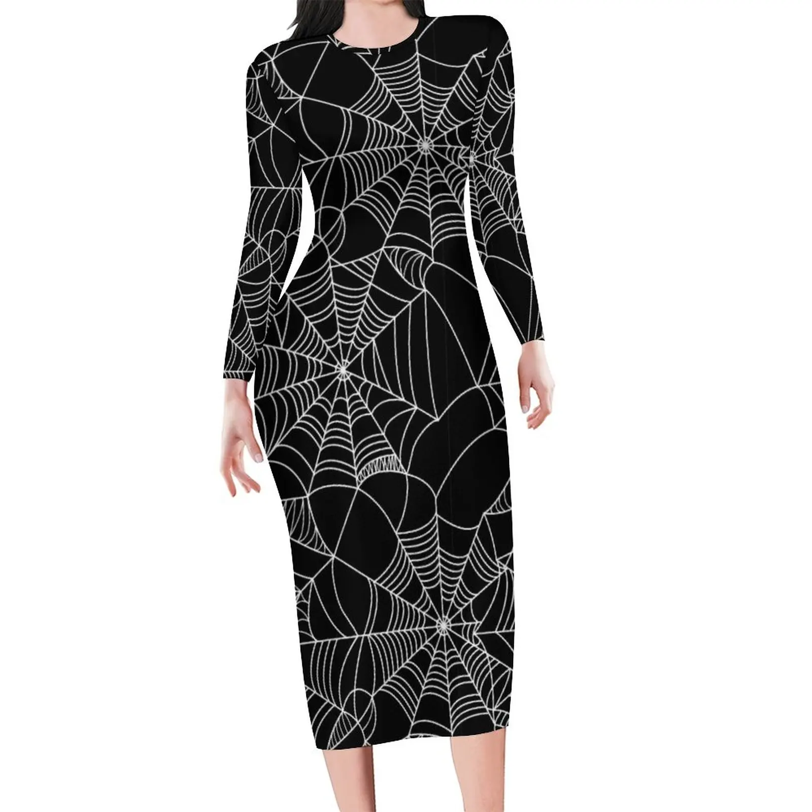 Fun Halloween Dress Long Sleeve Spider Web Print Street Wear Dresses Autumn Vintage Bodycon Dress Lady Pattern Oversized Vestido