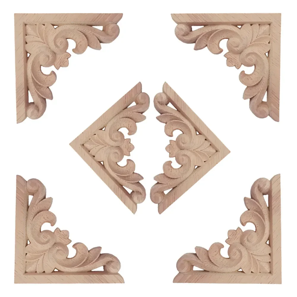 6PCS Wood Carving Decal Wood Carved Applique Floral Carved Appliques Corner Onlay Applique Furniture Decor Cabinet Door Window