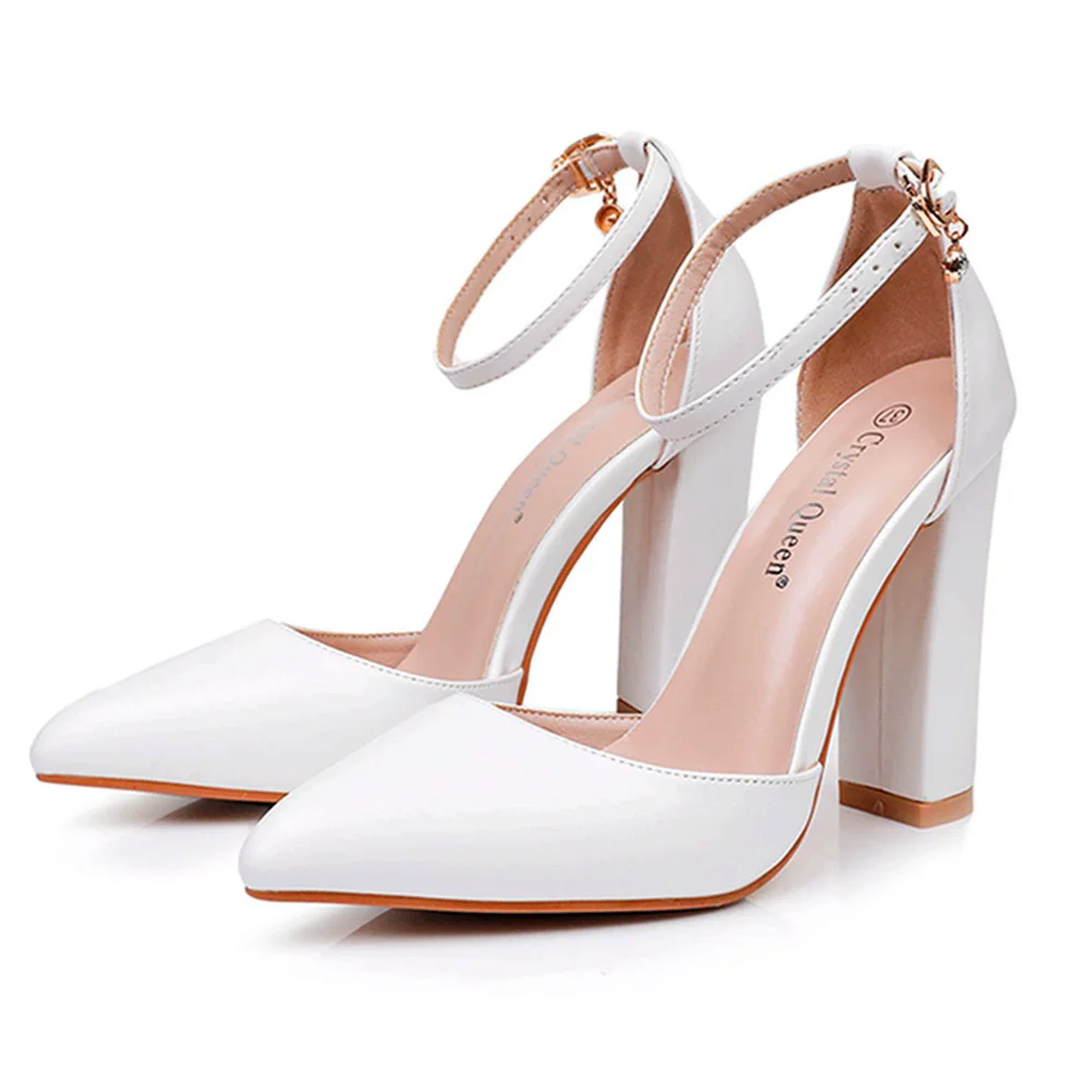 

Spring and summer new pointed toe hollow white PU square heel single shoes banquet large size thick heel high heel women sandals