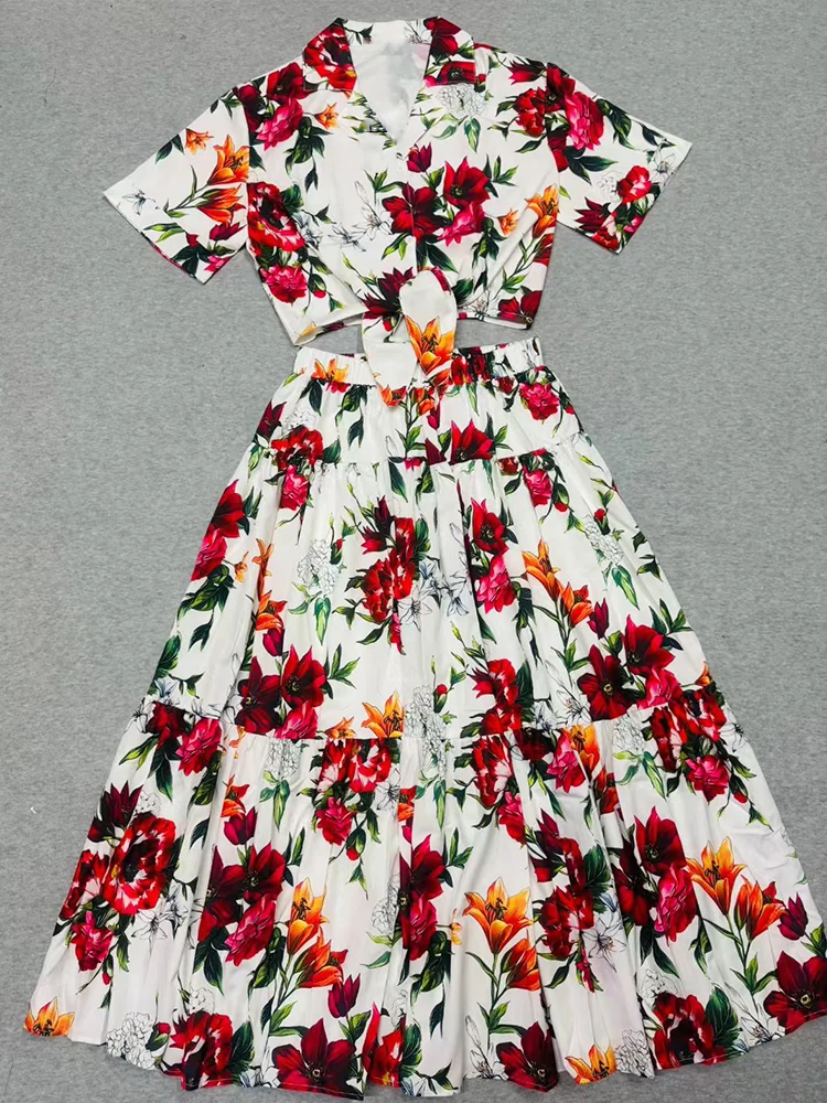 2026 Summer Women's Clothing Retro Printed Lapel Belt Waist Short Shirt Two-piece Set+Loose Smocked A-Line Skirt Fashion Suit