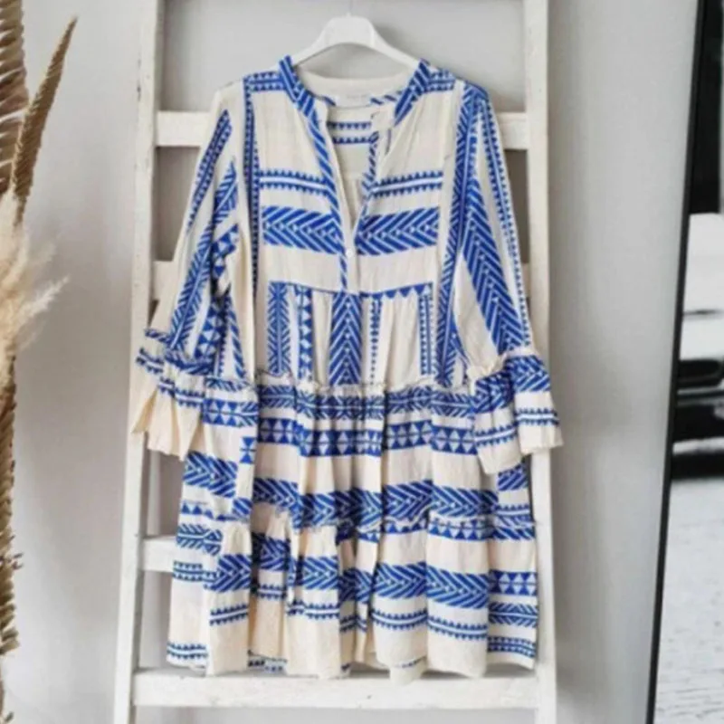 Holiday Boho Women's Summer Mini Dress Sexy Beach Sundress Spring Autumn Three-Quarters Sleeved Casual Printed Short Dresses