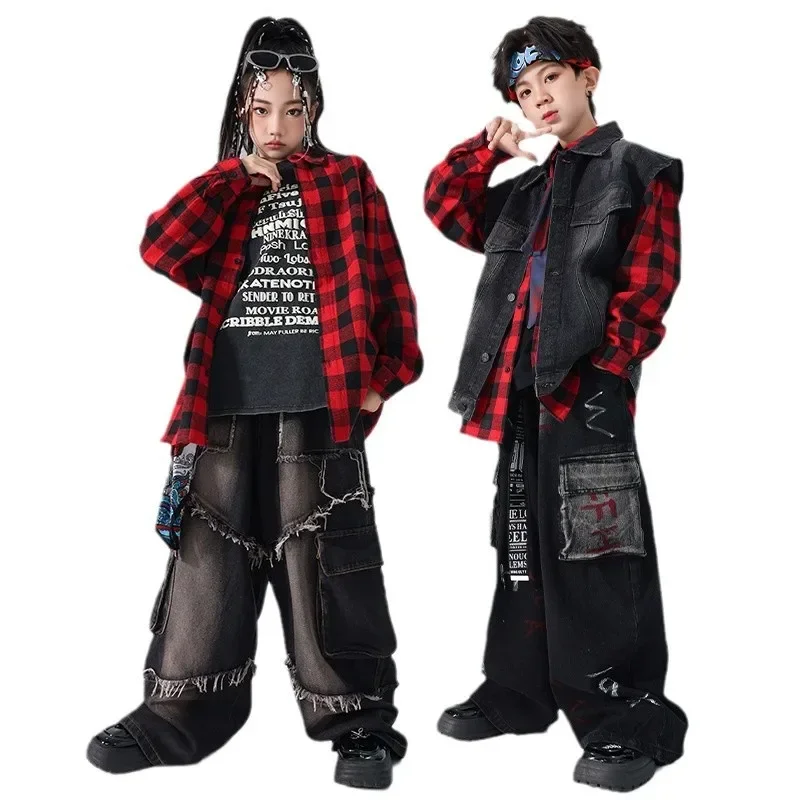 Boys Hip Hop Denim Vest Loose Cargo Jeans Pants Girls Street Dance Plaid Shirt Kids Jazz K-pop Clothes Sets Children Streetwear