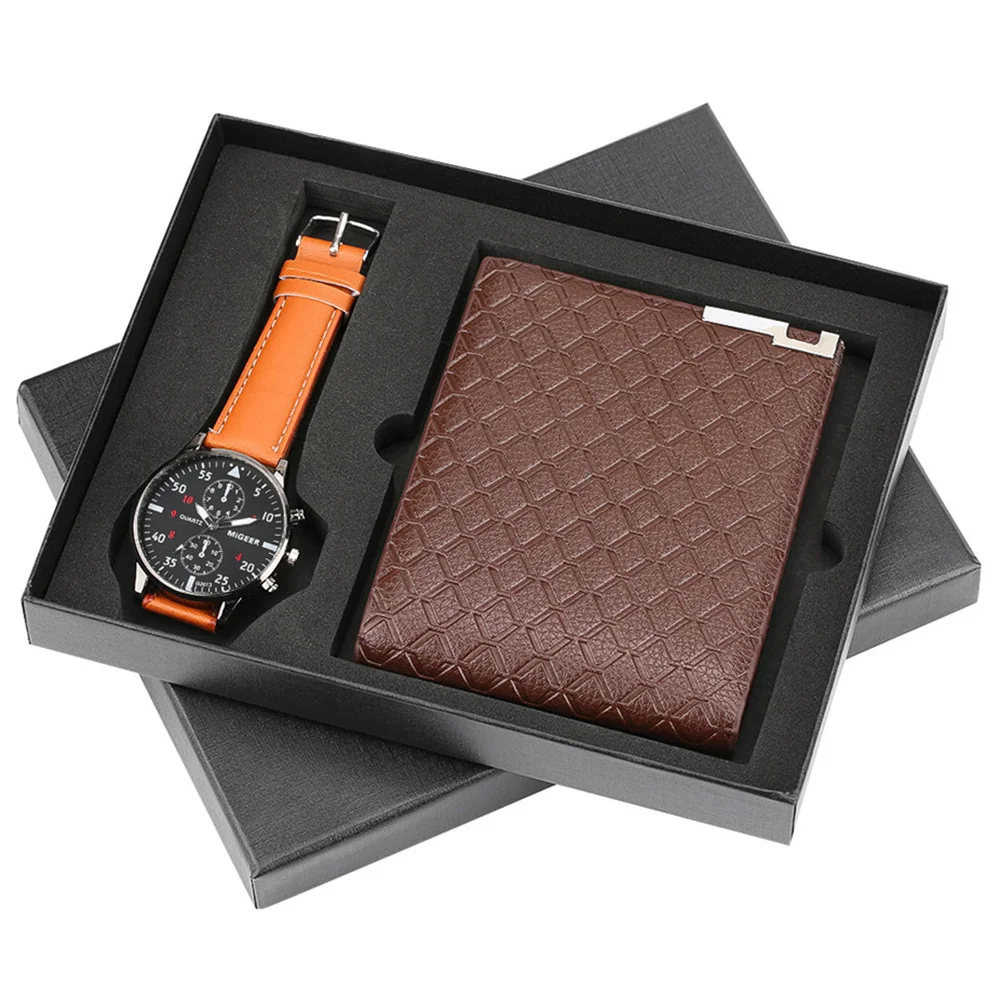 

2 Pcs/Set Fashion Men Watch Wallet Gift Box Quartz Wristwatch Leather Strap Male Wallets Purse Birthday Gift for Father Husband