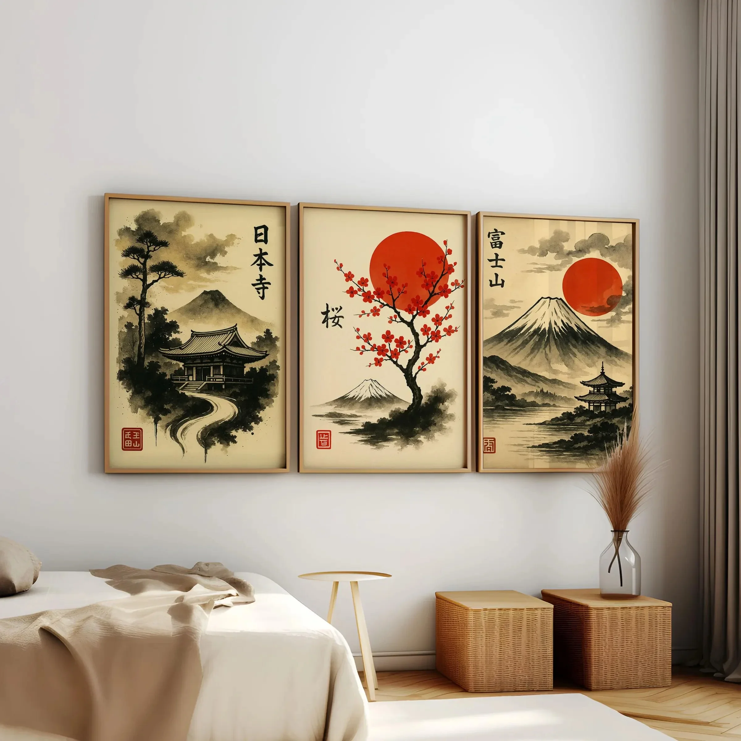 3pcs frameless Canvas Painting Japanese Art Inspired Poster Prints, Mount Fuji, Cherry Blossom, Japanese Temple, Home Decor, Lou