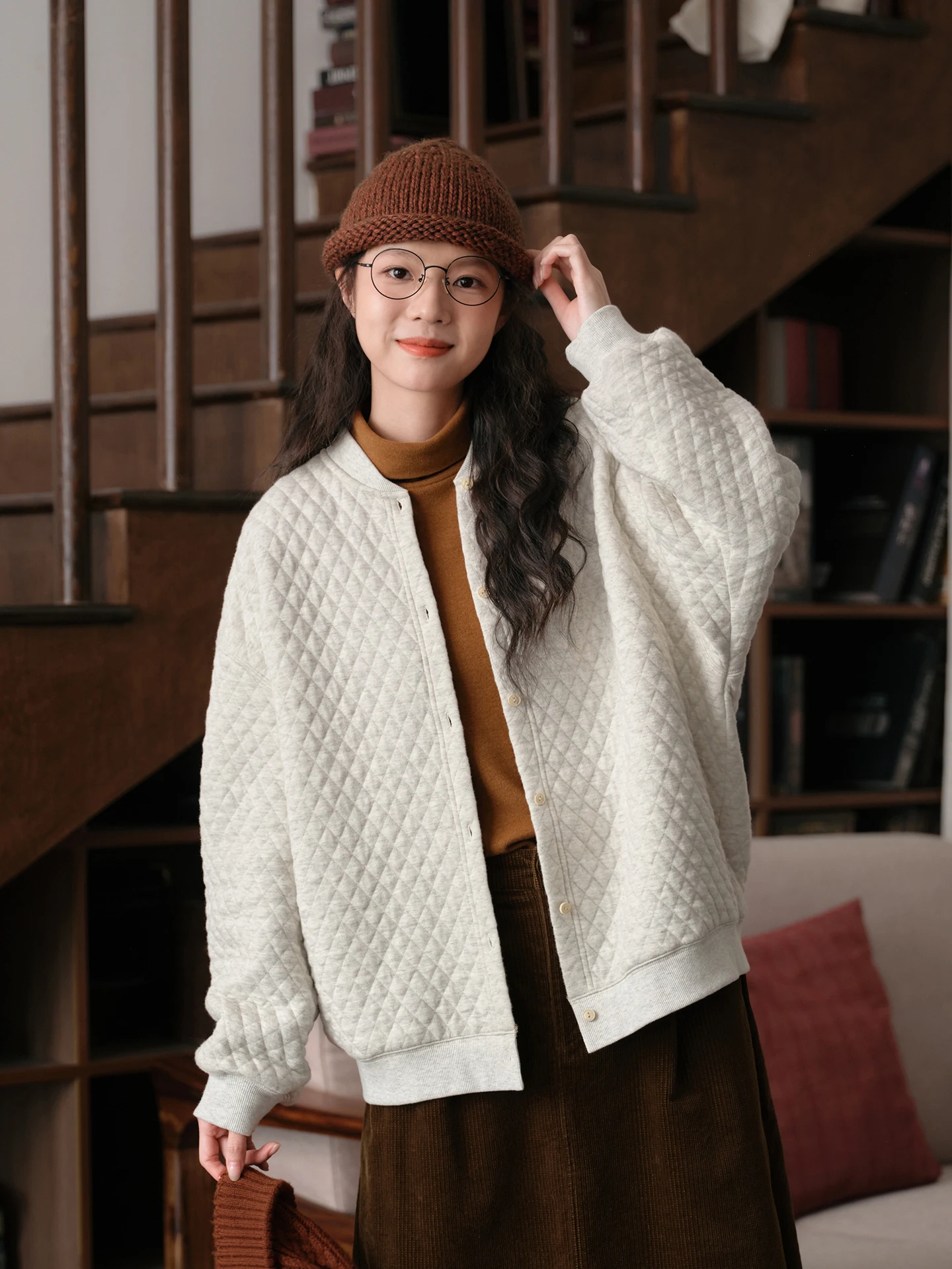 Loose Fit Knitted Cardigan Coat Women's round Neck Long Sleeve Cotton Polyester Blend Outerwear Autumn Season Cloud Flocking