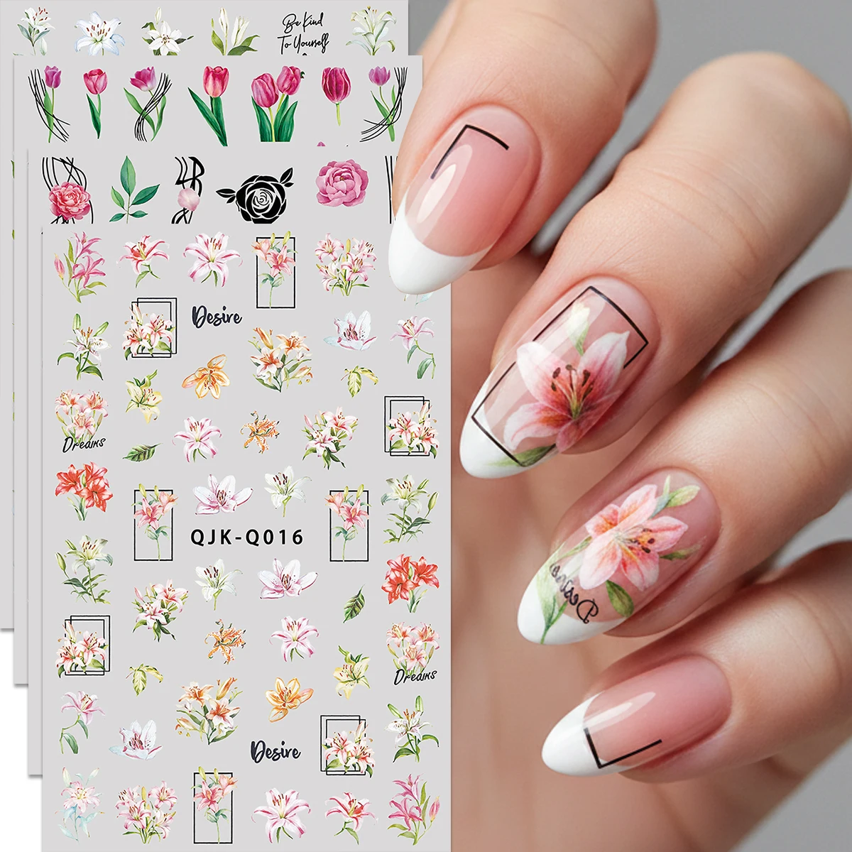 4Pcs French Artistic Floral Nail Stickers, Multicolor Tulip Rose Watercolor Decals, DIY Manicure Decor for Spring, Valentine's D