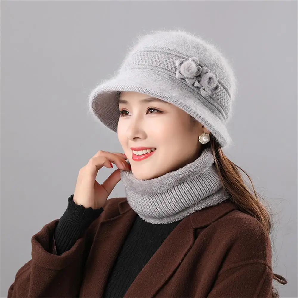 Warm Women\'s Hat and Scarf Set Faux Rabbit Fur Knitted Fleece-Lined Neck Warmer Thickened Windproof Mom Hat Scarf Two Set