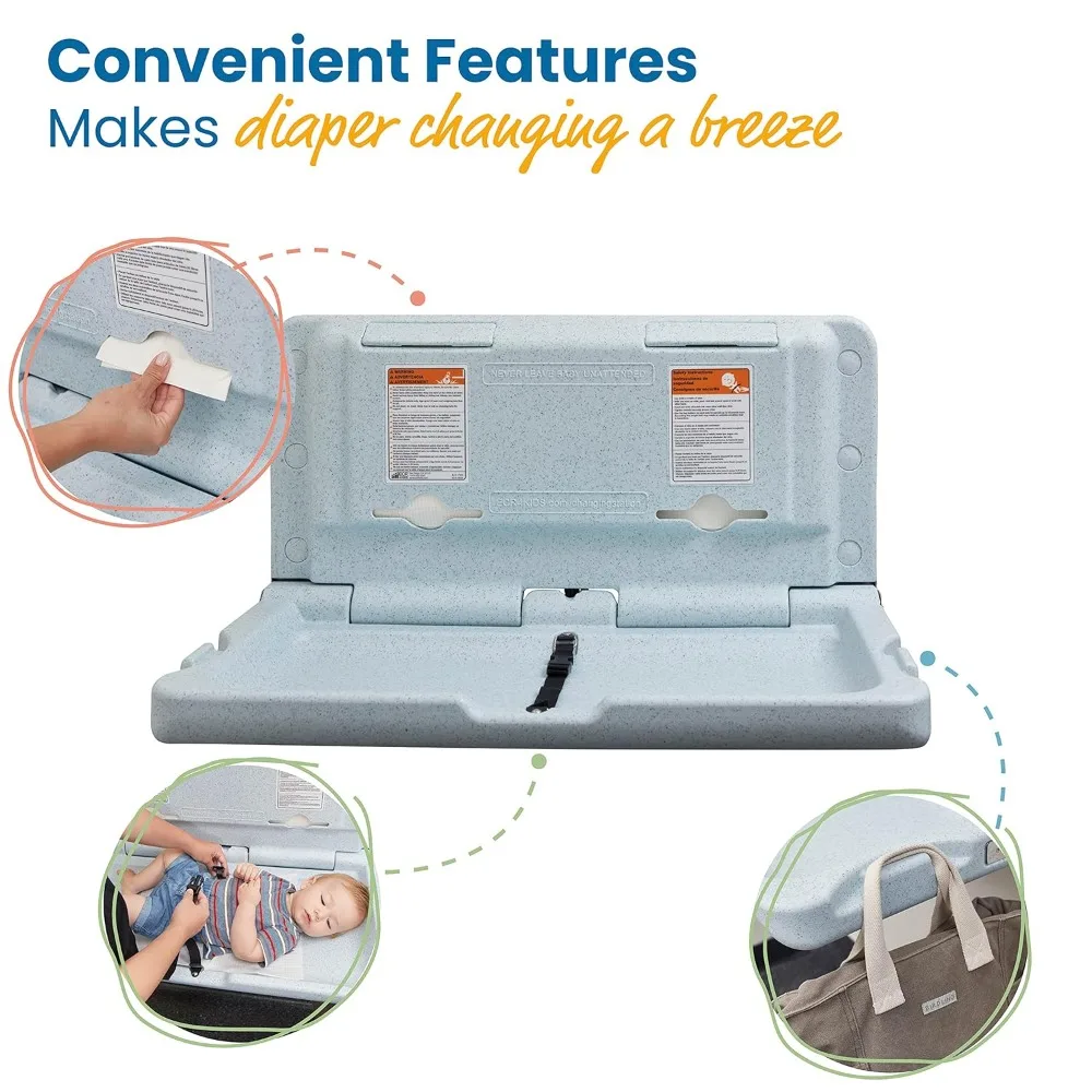 水平壁掛け式ベビーおむつ交換台、壁掛け式、ブルー/グレー斑点