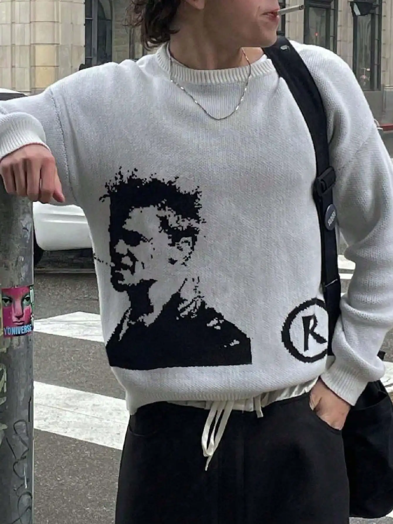 Spring, Autumn, and Winter Men's College-Style Street Fashion Personality Trendy Portrait Letter Jacquard Long-Sleeve Sweater Unisex Crew Neck Pullover Casual Loose Warm Versatile Drop-Shoulder Knit Top