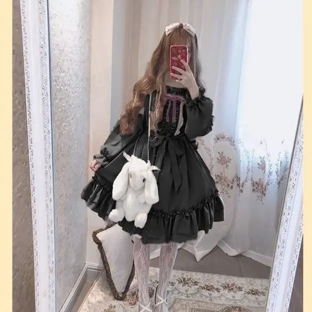 Alice In Wondeland Donne Carine Lolita OP Vestito Balze Lace Trim Giapponese Harajuku Maniche Lunghe Bambola Adolescente Vestito Fata Abiti