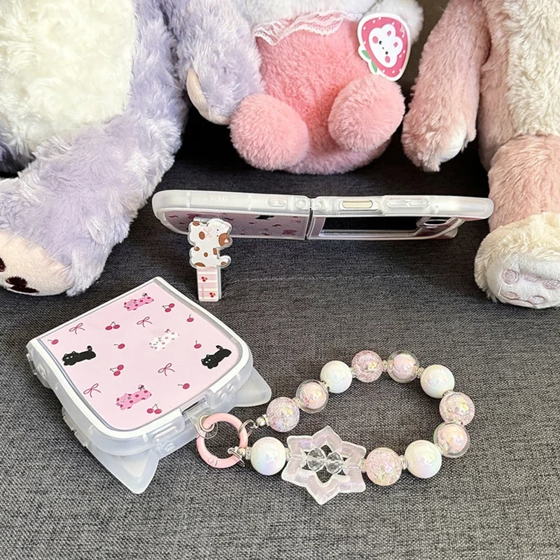 جراب هاتف وردي لطيف من القط الكرز ، غطاء خلفي واقي ، Samsung Galaxy Z Flip 6 ، 5 ، 4 ، 3 ، ZFlip4 ، ZFlip5 ، ZFlip6