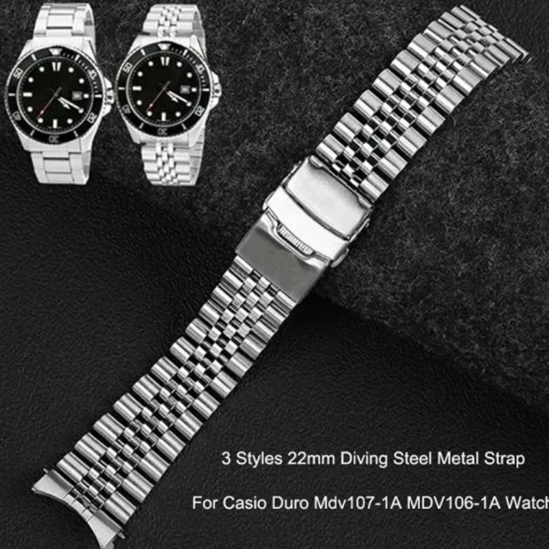 3 Styles 22mm Diving Steel Metal Strap For Casio Duro Mdv107-1A MDV106-1A Watch Wristband Bracelet Watchband Replacement Parts