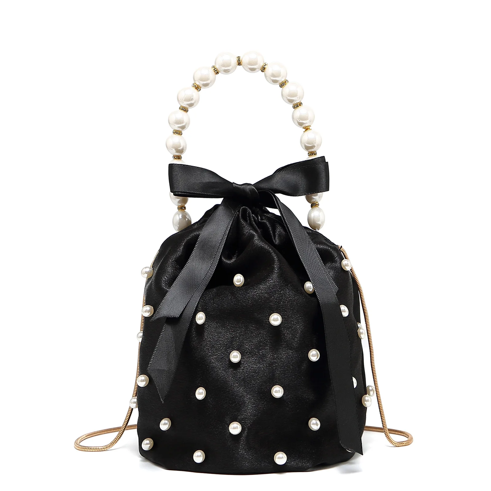 

2025 autumn new sweet little pearl bead women handbag velvet bow dinner chain shoulder cross-body women's bag