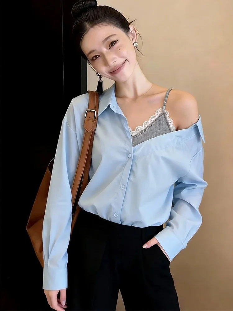

Blue Ne Long Sve Loose Women's irt Summer New Sle Commute Korean Version Casual Faion Ele Look