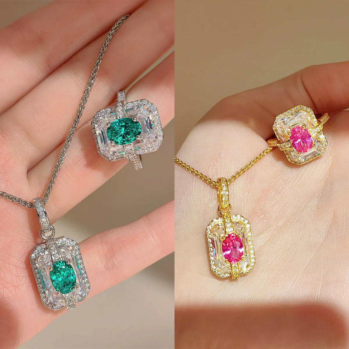 Retro Sparkling Color Contrast Gemstone Jewelry Set Women Double Layer Halo Frame Necklace Ring Statement Wedding Jewelry Gift