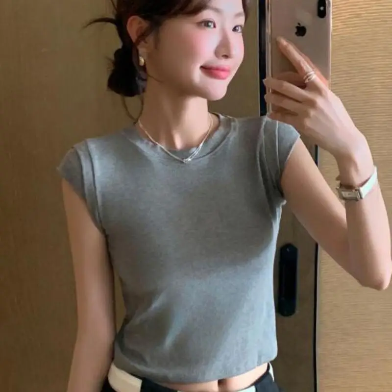 

Summer Women's Short Sleeved Round Neck T-Shirt Slim Basic Shirt Versatile Slimming Solid Color Short Sleeved Top
