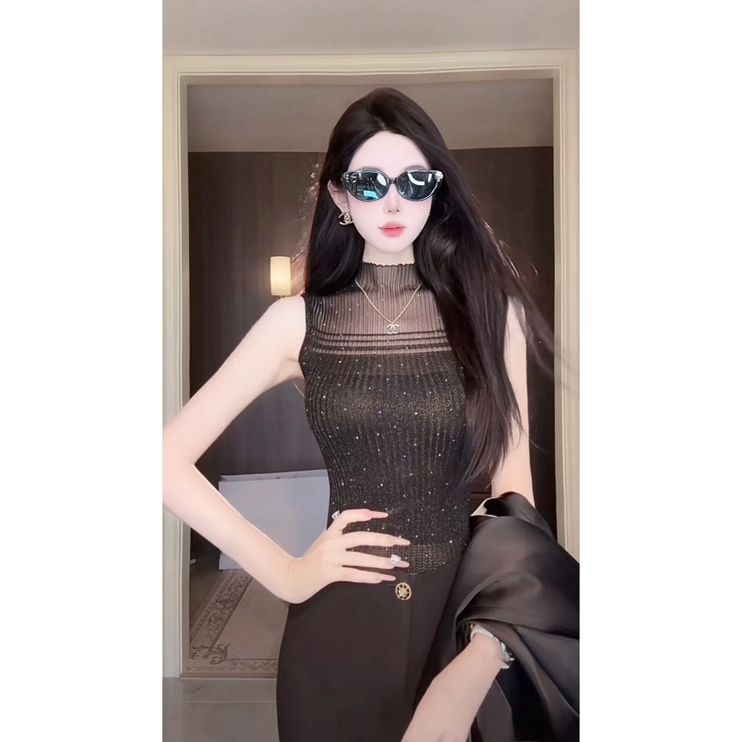 

Женская базовая футболка Sy Milan Memory Summer Thin Svel с высоким воротником, черная, мягкая, в корейском стиле, для повседневной носки