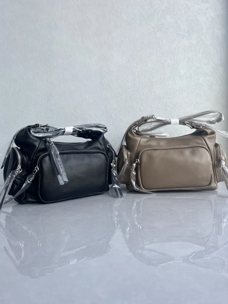 Concise Pockets Handmade Genuine Leather Handbag Solid Color Female Zipper Crossbody Bags Fashion Cowhide Single Shoulder Bag
